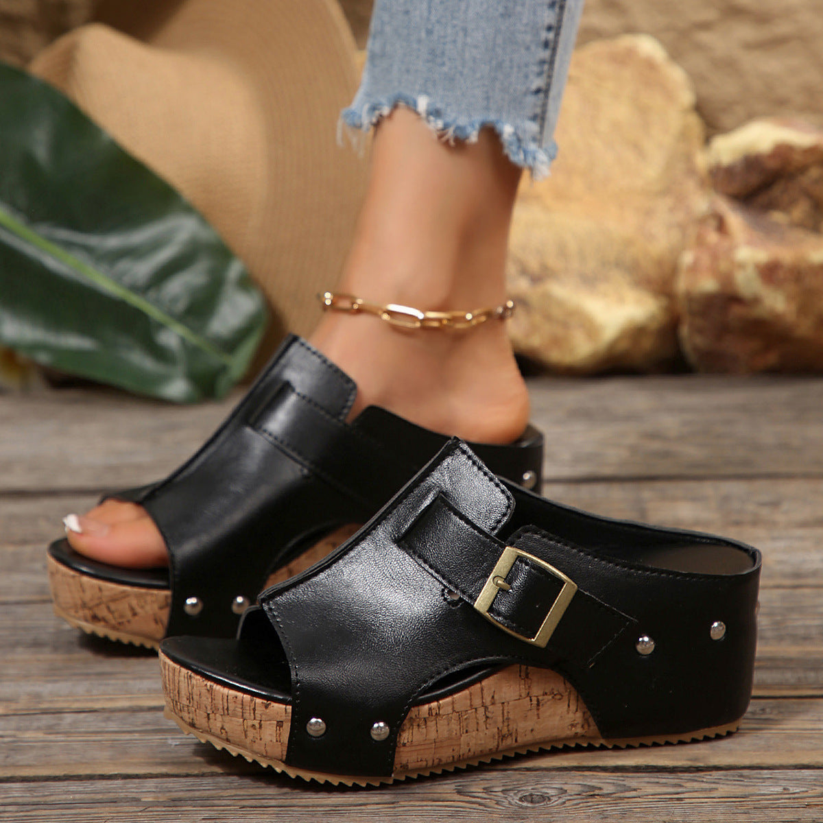 Damen modische Clogs mit verstellbarer Schnalle und korkähnlicher Sohle R&B