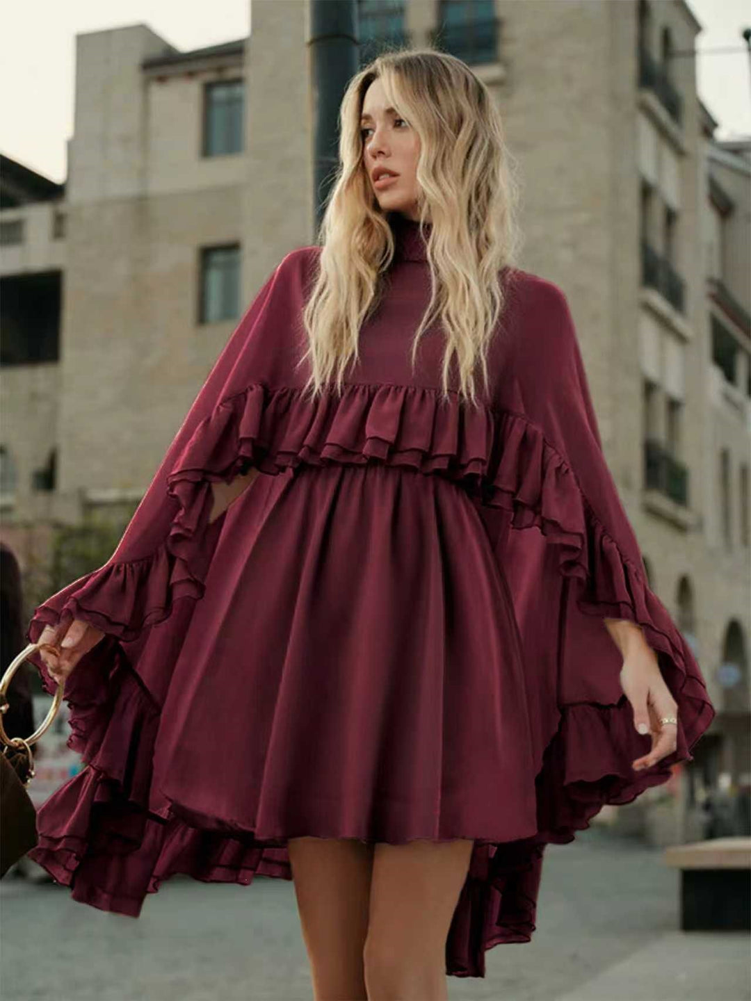 Damen Elegantes Rüschendress mit hochgeschlossenem Ausschnitt und fließendem Schnitt R&B