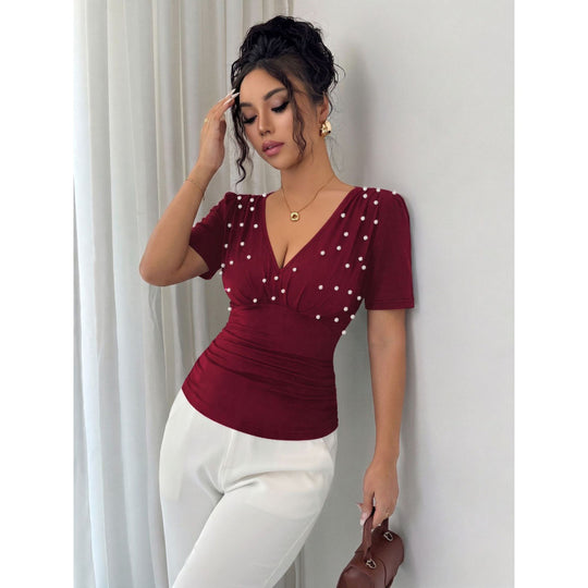 Damen elegante Bluse mit Perlen-Detail R&B