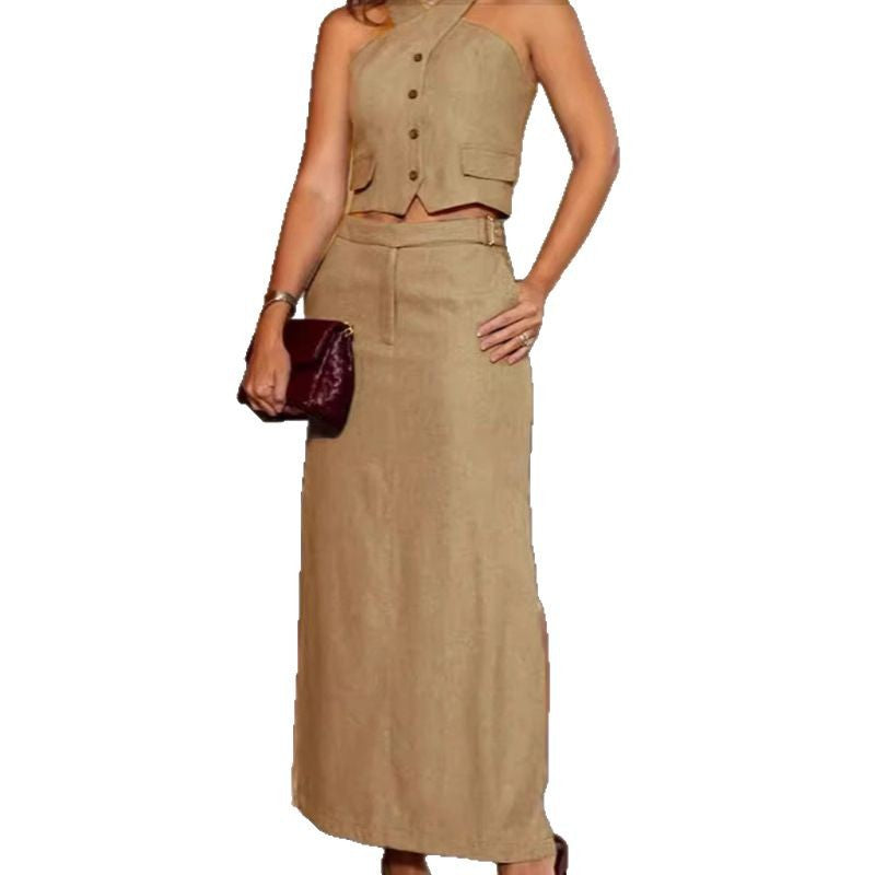 Damen nan elegantes Leinenmix-Zweiteiler-Set mit tailliertem Haltertop, Knopfdetail und hochgeschnittenem Maxirock R&B
