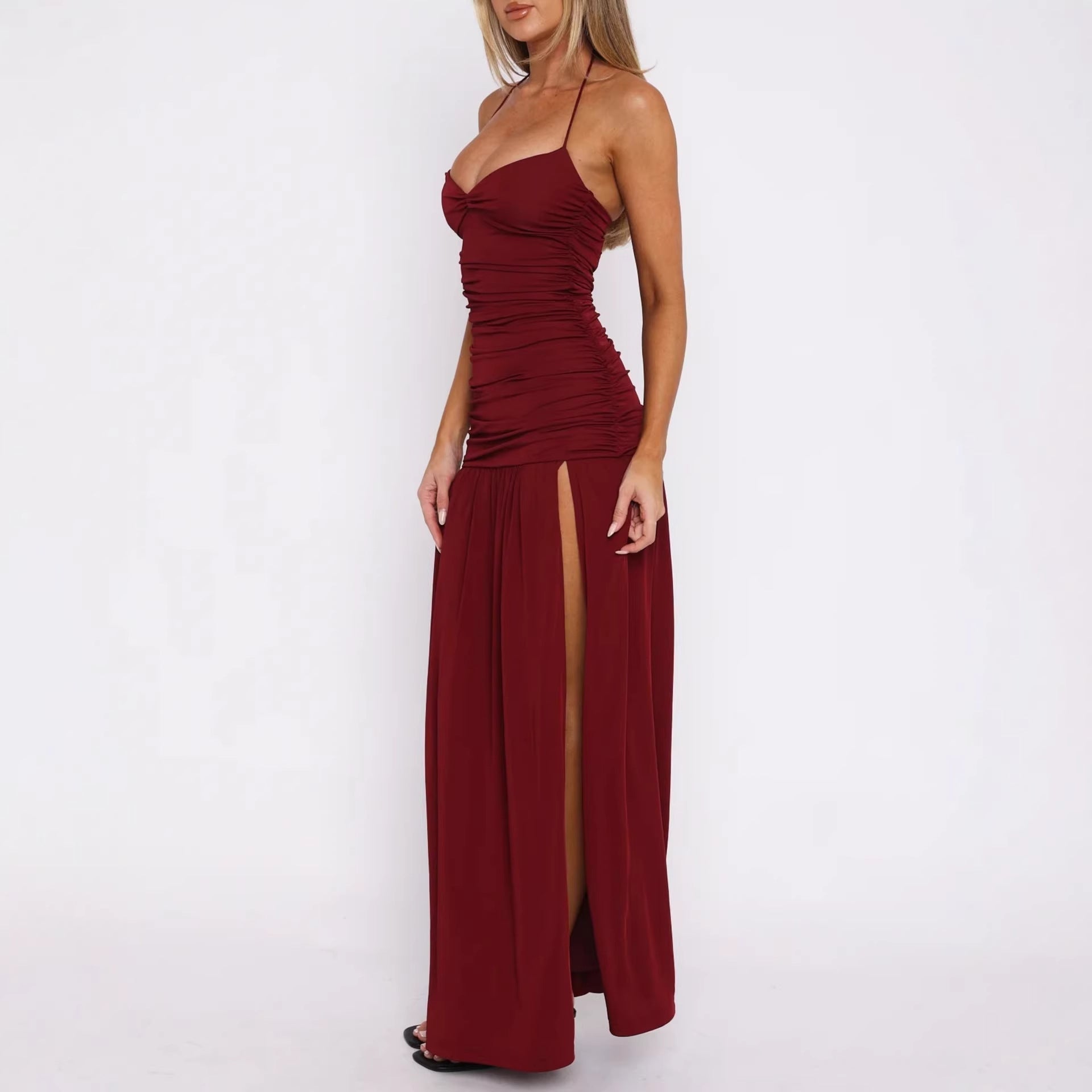 Damen Maxikleid mit raffinierten Rüschen und hohem Schlitz R&B