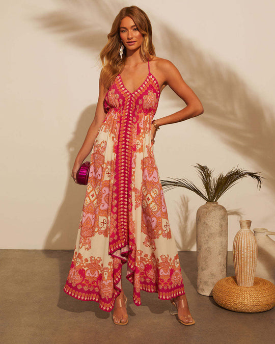 Damen Maxikleid mit trendigem Halterneck und künstlerischem Muster R&B