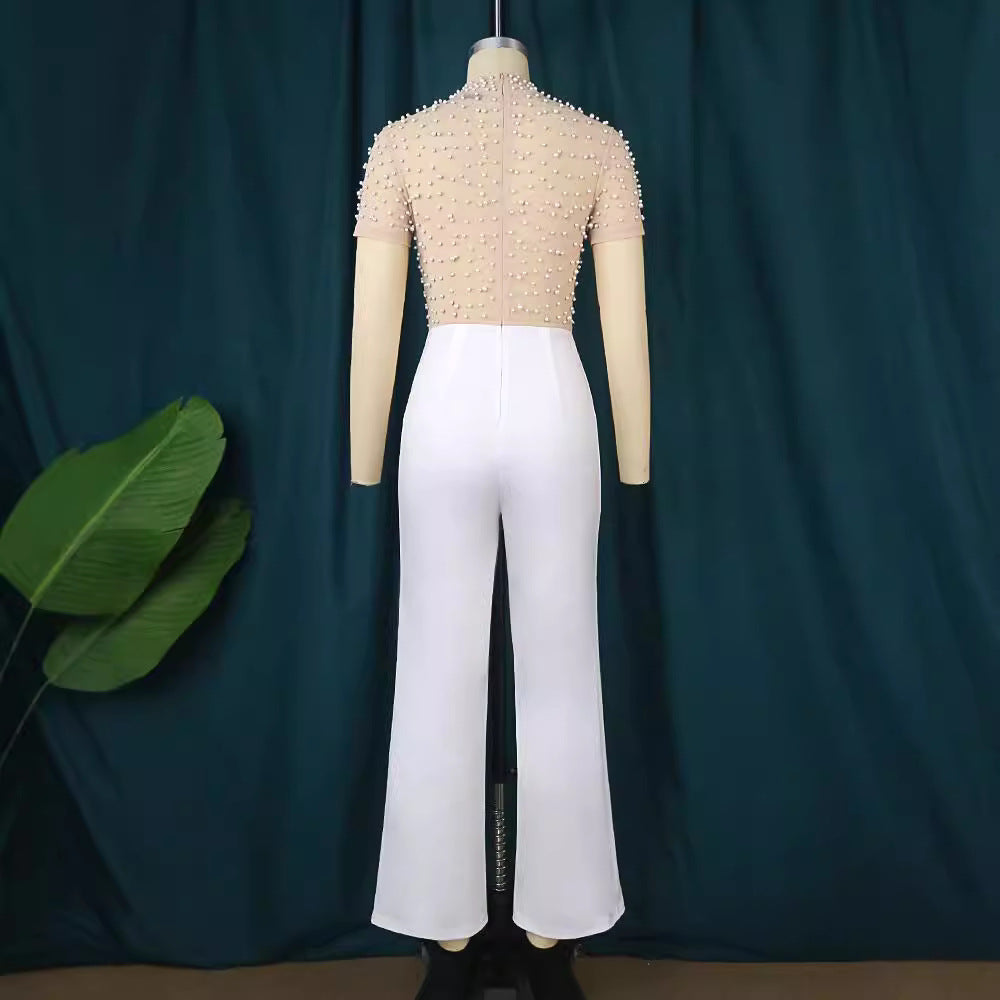 Damen eleganter Jumpsuit mit glitzernden Perlenakzenten R&B