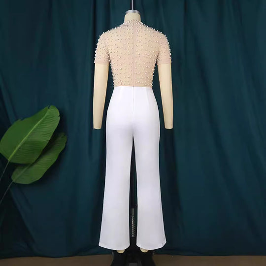 Damen eleganter Jumpsuit mit glitzernden Perlenakzenten R&B