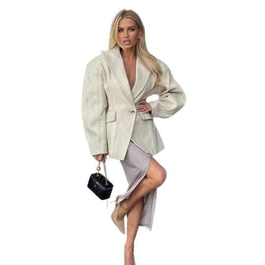 Damen Elegante Kunstleder Blazerjacke mit strukturiertem Design R&B