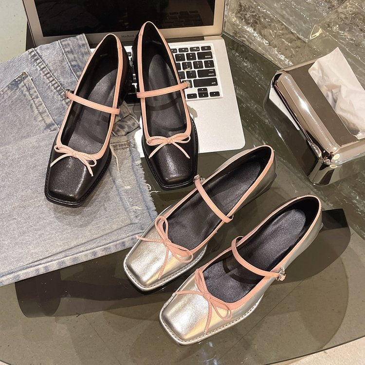 Damen elegante Ballerinas mit dekorativem Riemchen und modischem Blockabsatz R&B
