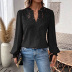 Damen nan Spitzenapplikation V-Ausschnitt Bluse mit Strukturpunkt, gerafften Manschetten und leicht taillierter Silhouette R&B