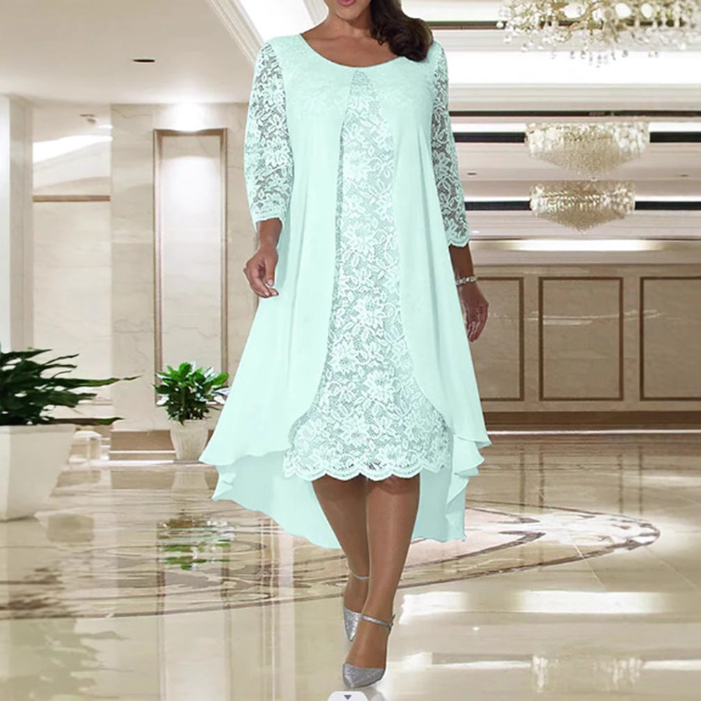 Damen nan elegantes Chiffon-Spitzenkleid mit Vokuhila-Überwurf und dreiviertelärmeln R&B