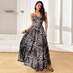 Damen Maxikleid mit tiefem V-Ausschnitt und elegantem Leopardenmuster R&B