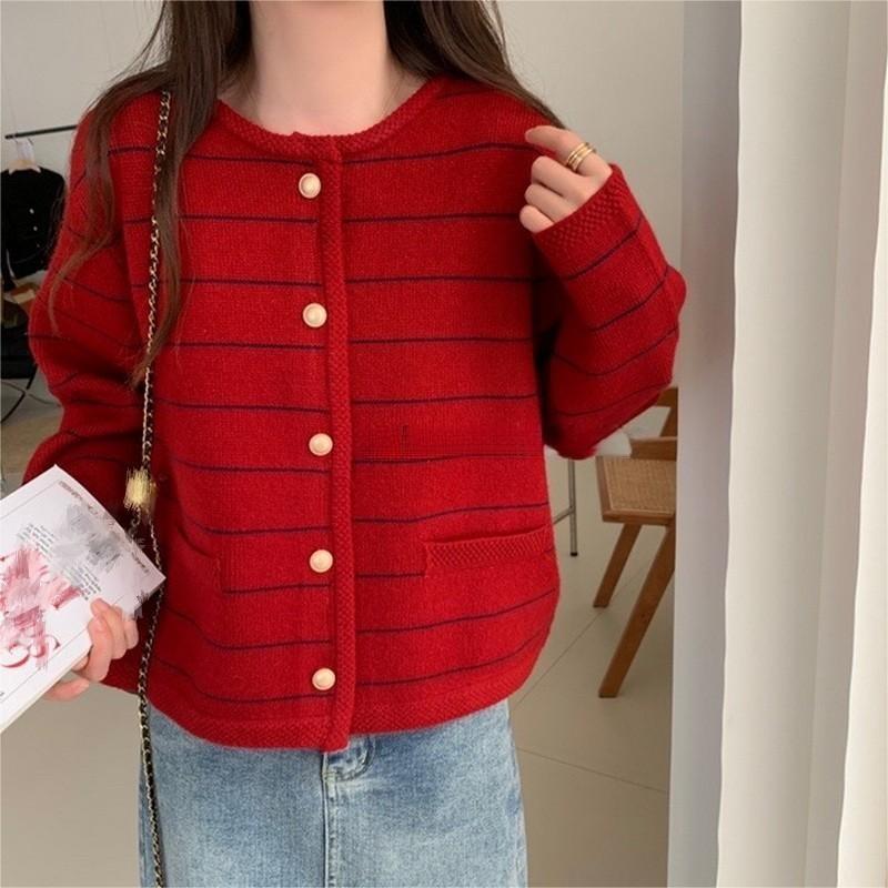 Damen gemütlicher Cardigan mit feinen Streifen und praktischen Taschen R&B