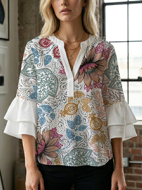 Damen Bluse mit voluminösen Rüschenärmeln und kreativem Floraldesign R&B