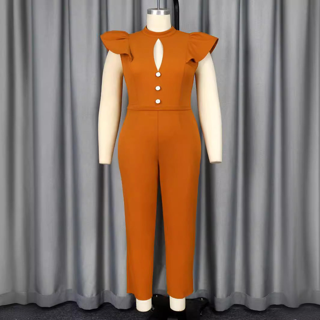 Damen eleganter Jumpsuit mit raffiniertem Ausschnitt und voluminösen Ärmeln R&B