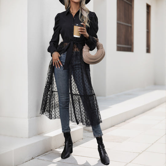 Damen elegantes Maxikleid mit transparenter Überlagerung und taillierbarem Gürtel R&B