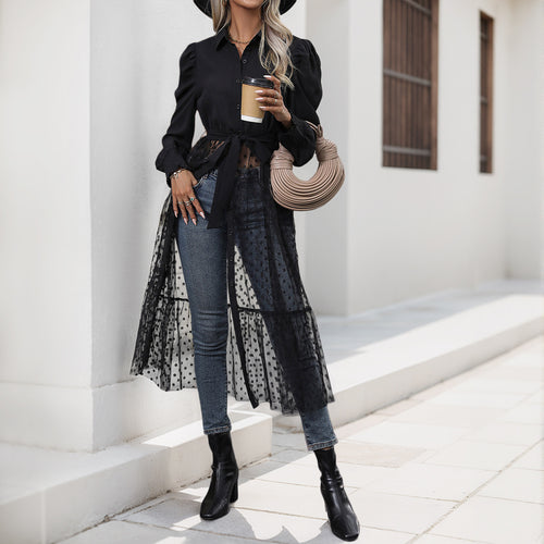 Damen elegantes Maxikleid mit transparenter Überlagerung und taillierbarem Gürtel R&B