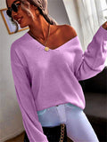 Damen lässiger Off-Shoulder Pullover mit tiefem V-Ausschnitt und strukturiertem Strickmuster R&B