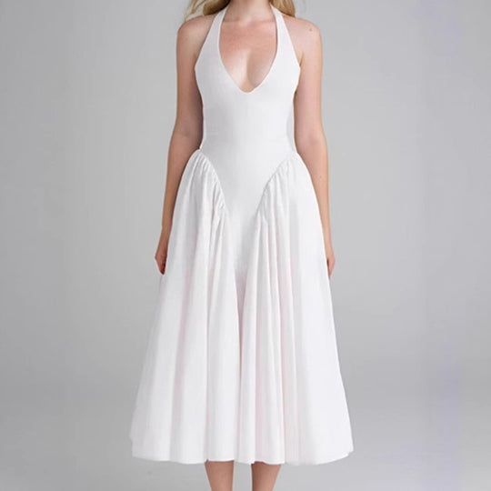 Damen Midikleid mit tiefem V-Ausschnitt und fließendem Rock R&B
