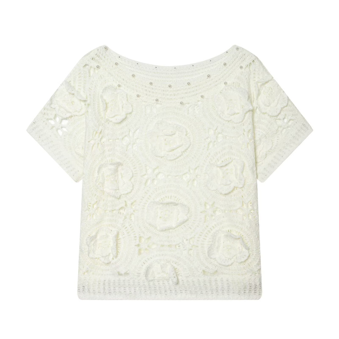 Damen Spitze T-Shirt mit luxuriöser Blumenstickerei und dekorativen Perlen R&B