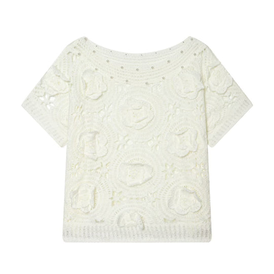 Damen Spitze T-Shirt mit luxuriöser Blumenstickerei und dekorativen Perlen R&B
