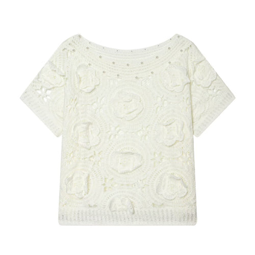 Damen Spitze T-Shirt mit luxuriöser Blumenstickerei und dekorativen Perlen R&B