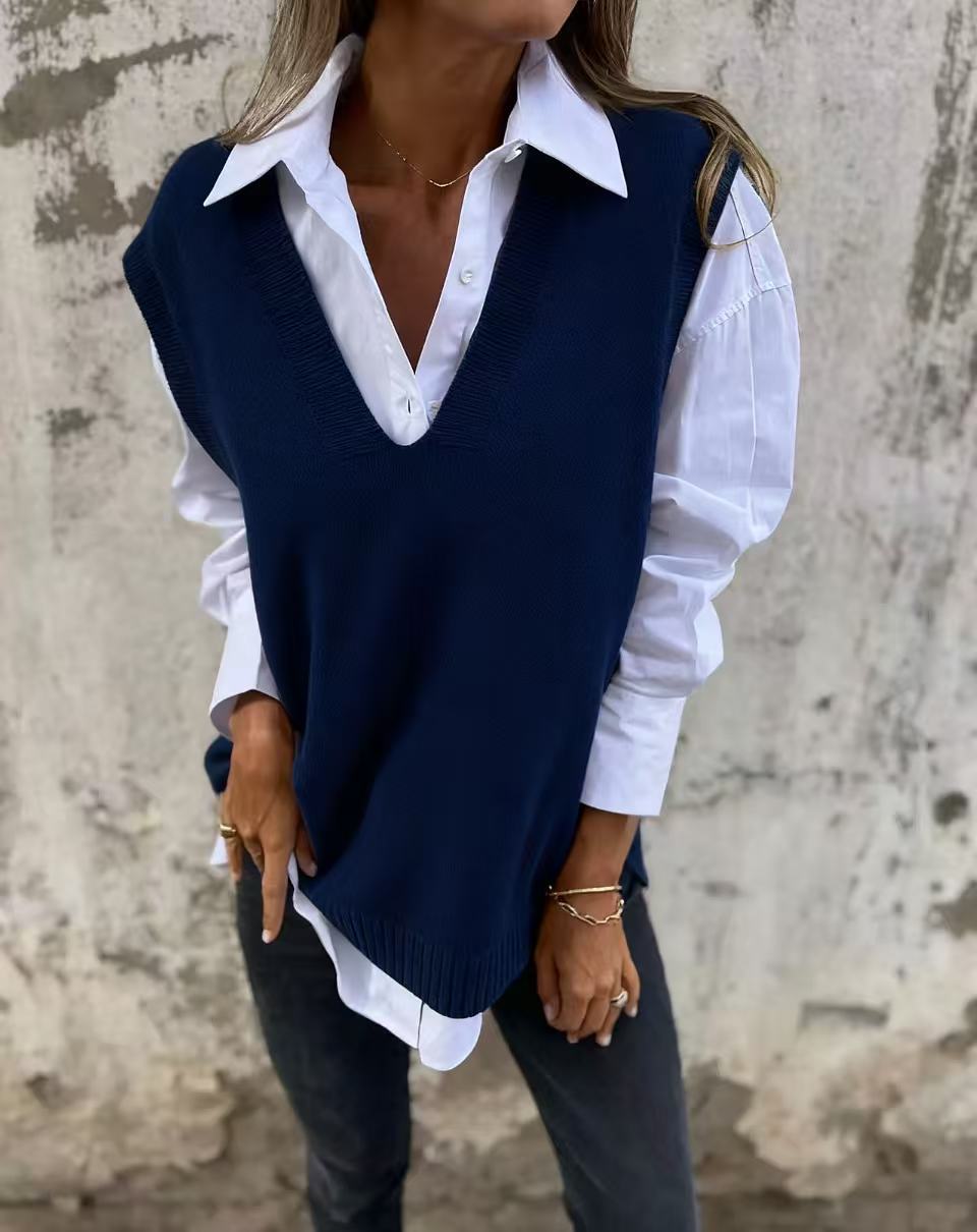 Damen lässiger Strickpullover mit V-Ausschnitt R&B