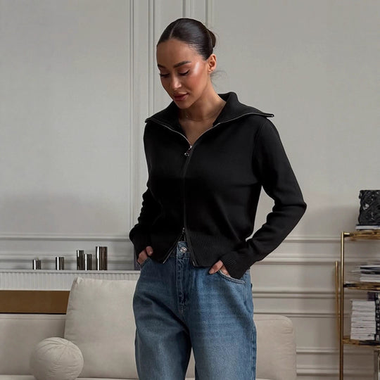 Damen bequeme Strickjacke mit Reißverschluss R&B