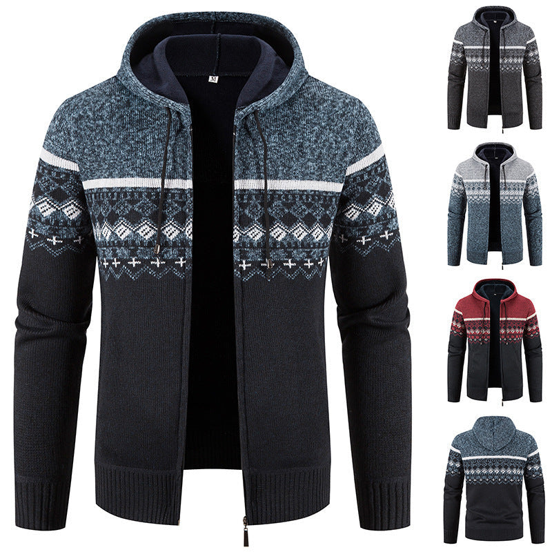 Herren nan gefütterte Strick-Zipjacke im Norwegerstil mit Kapuze und Thermofleece R&B