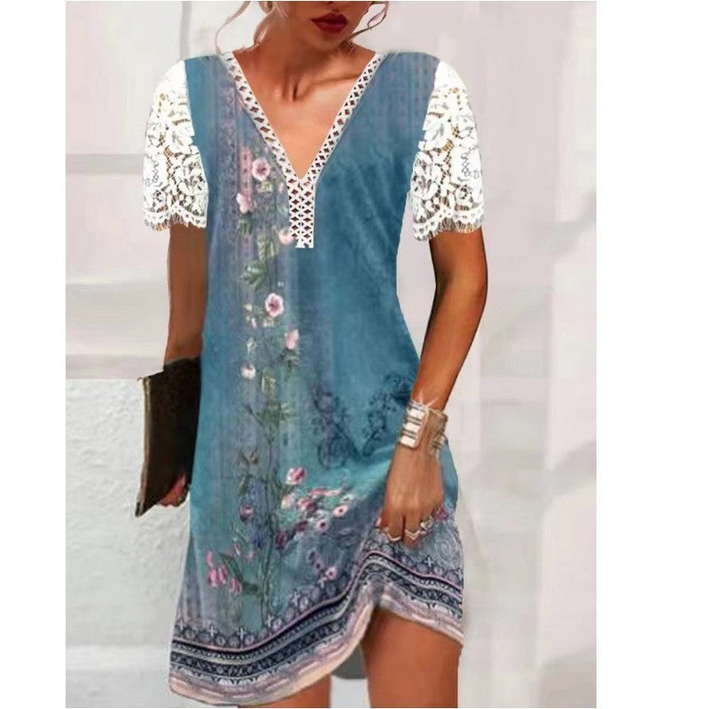 Damen Leichtes Sommerkleid mit Spitzenärmeln und floralem Design R&B