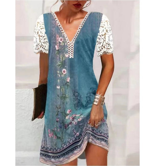 Damen Leichtes Sommerkleid mit Spitzenärmeln und floralem Design R&B