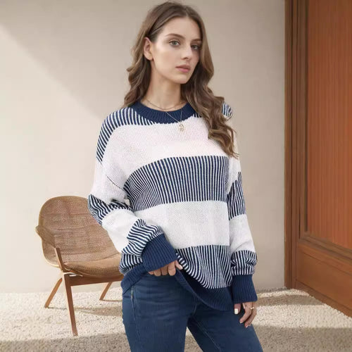 Damen gestreifter Strickpullover mit weitem Schnitt R&B