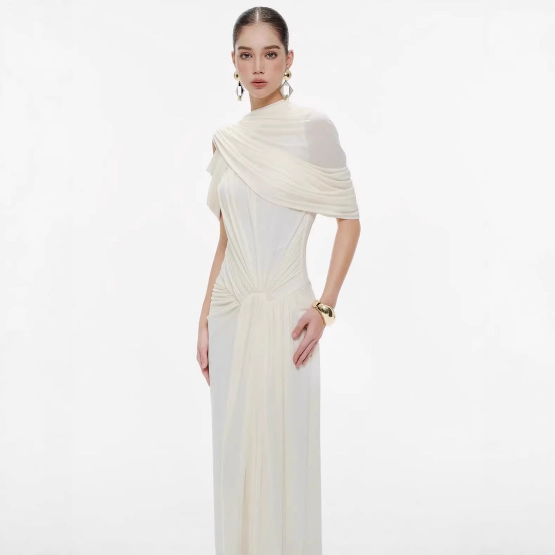 Damen elegantes Maxikleid mit innovativen Drapierungsdetails und asymmetrischem Oberteil R&B
