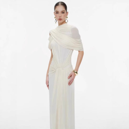 Damen elegantes Maxikleid mit innovativen Drapierungsdetails und asymmetrischem Oberteil R&B