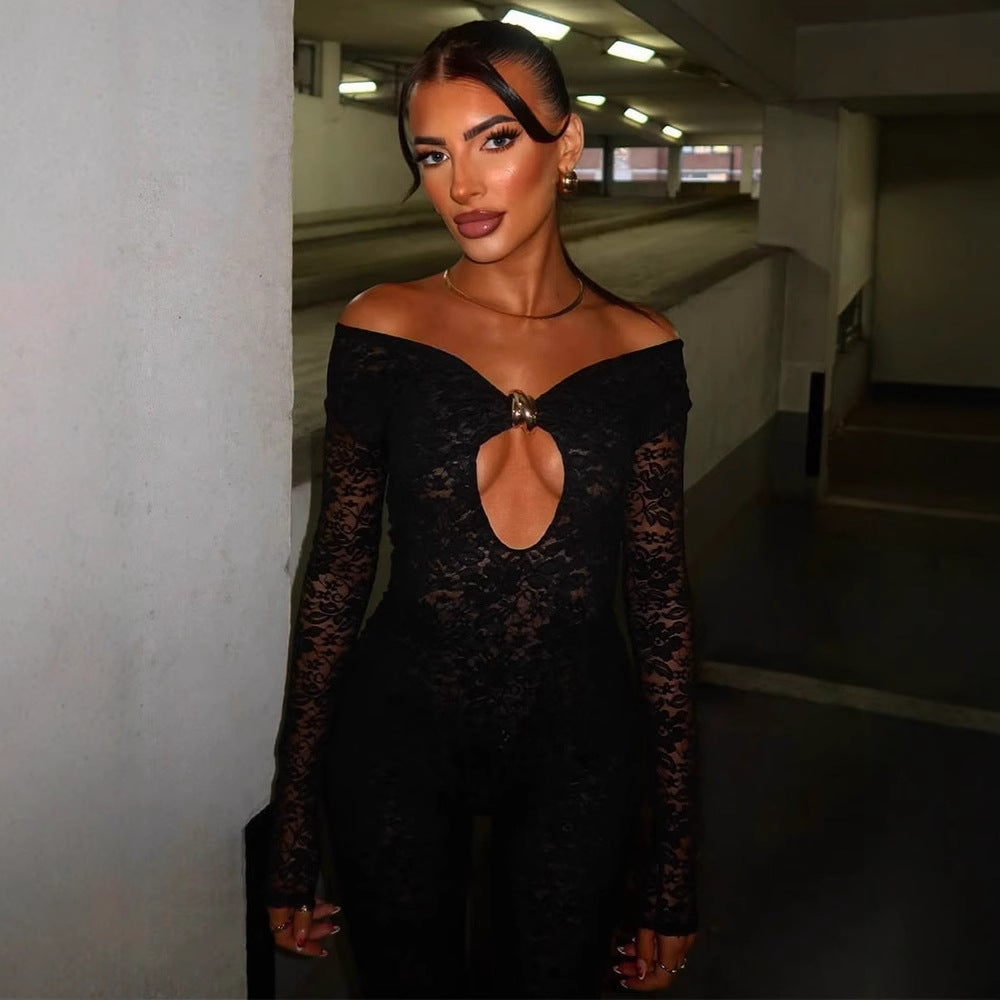 Damen Eleganter Lace-Bodysuit mit tiefem V-Ausschnitt und langen Ärmeln R&B