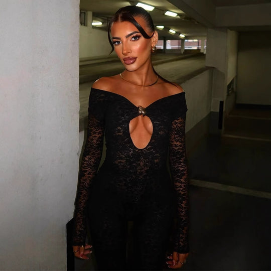 Damen Eleganter Lace-Bodysuit mit tiefem V-Ausschnitt und langen Ärmeln R&B