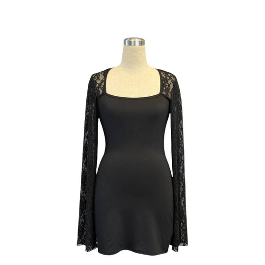 Damen Mini-Kleid mit transparenter Spitzenärmel und figurbetontem Schnitt R&B