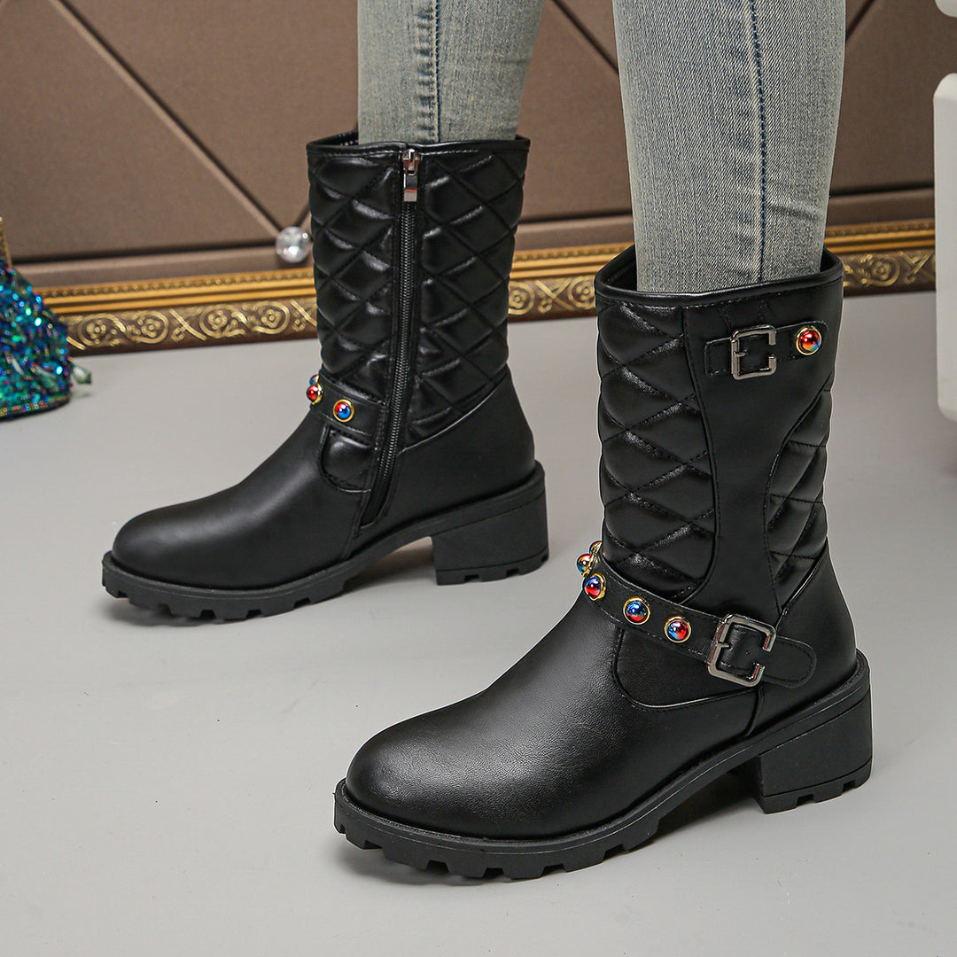 Damen modische Stiefeletten mit dekorativen Schmuckdetails und robustem Profil R&B