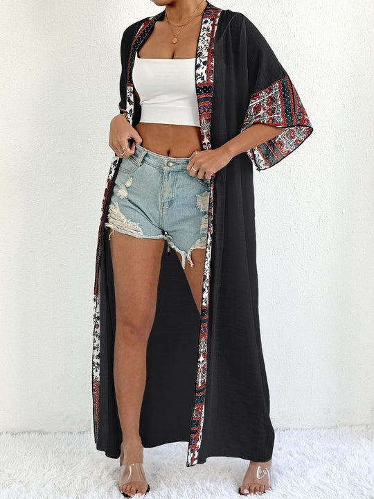 Damen eleganter, leichter Kaftan mit buntem Häkelbesatz R&B