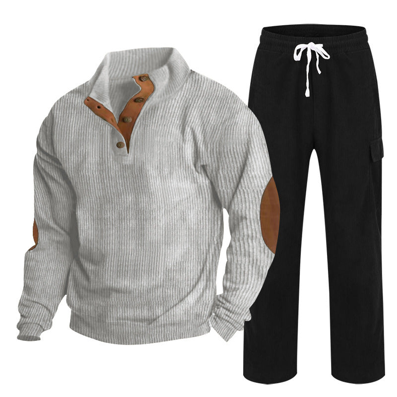Herren nan Strick-Freizeitset mit Knopfleiste und Ellenbogenaufnähern sowie Cord-Cargohose R&B
