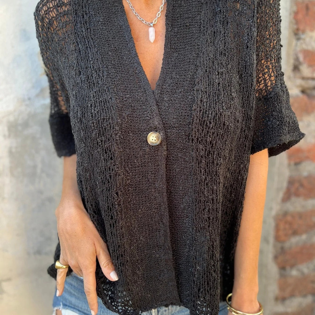 Damen Strickbluse mit modernen Lochmustern und eleganter Knopffront R&B