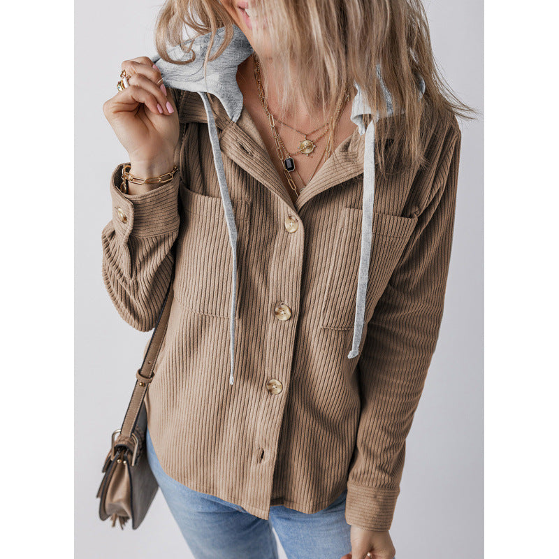 Damen lässige Hemdjacket mit Kapuze und seitlichen Taschen R&B