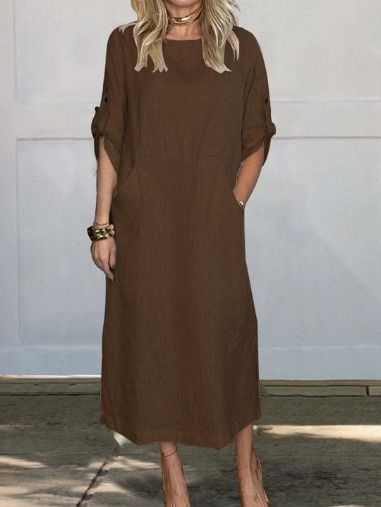 Damen lässiges Maxikleid mit praktischen Taschen und hochgekrempelten Ärmeln R&B