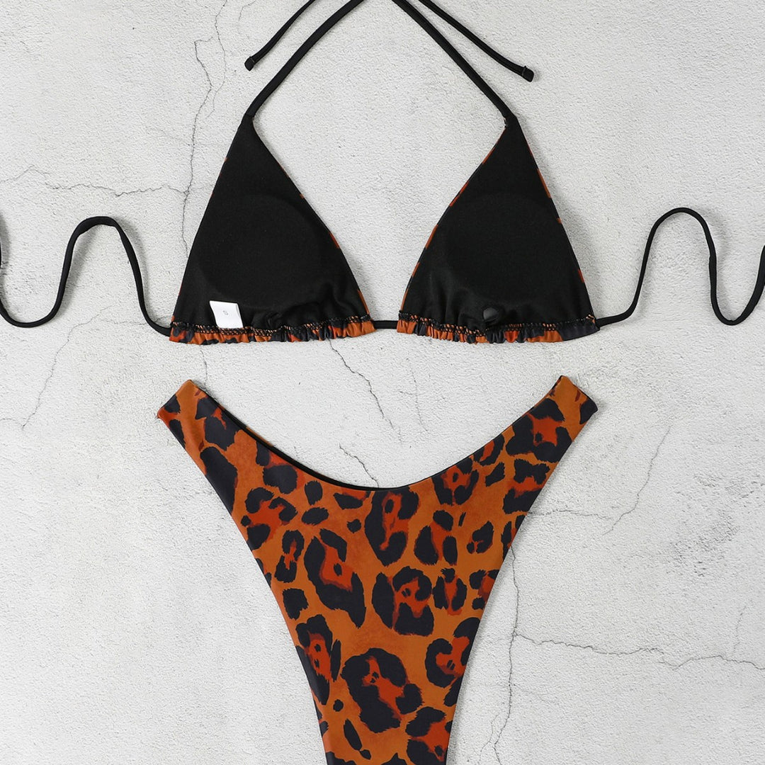 Damen Triangel-Bikini mit hochgeschnittenem Unterteil und animalischem Muster R&B