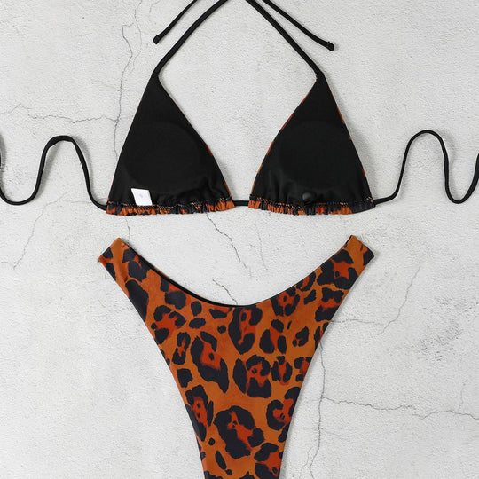 Damen Triangel-Bikini mit hochgeschnittenem Unterteil und animalischem Muster R&B
