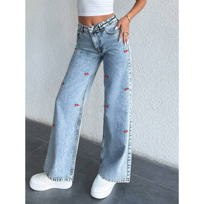 Damen Weit geschnittene Jeans im fruchtigem Stickdesign R&B