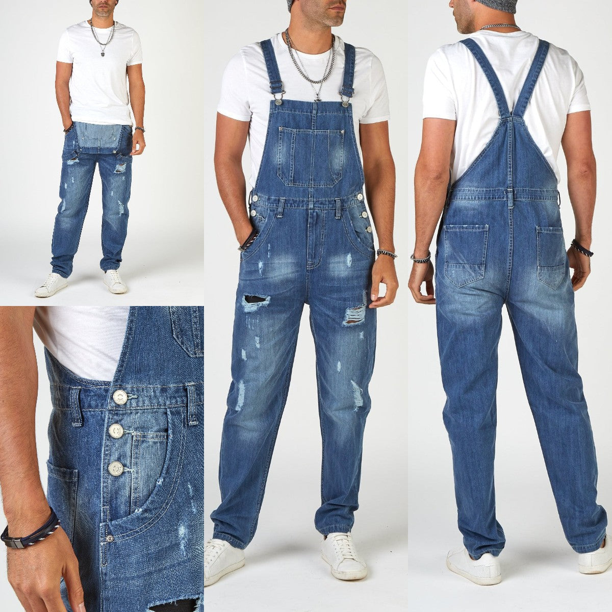 Herren Jeans-Latzhose aus gewaschenem Denim mit Rissdetails