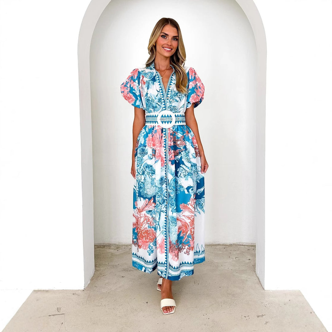 Damen Maxikleid mit voluminösen Puffärmeln und zartem Blumenmuster R&B