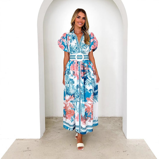 Damen Maxikleid mit voluminösen Puffärmeln und zartem Blumenmuster R&B