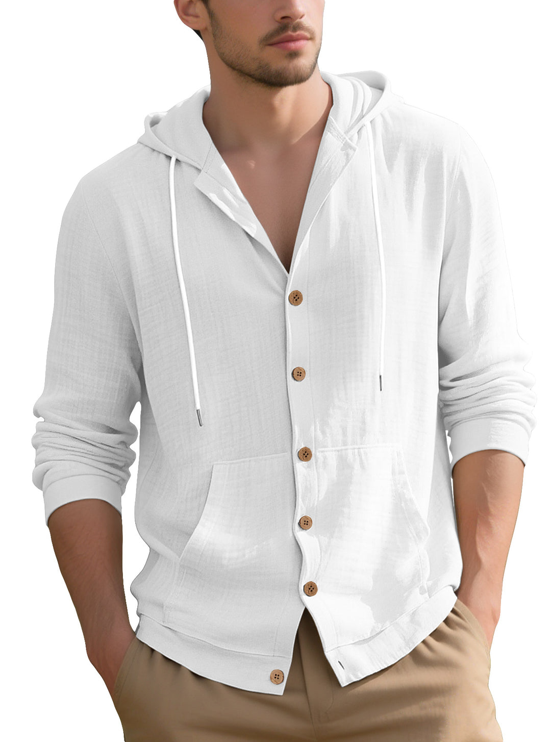 Herren nan leichtes Kapuzen-Übershirt im Crinkle-Look mit Holzknopfleiste und Kängurutasche R&B