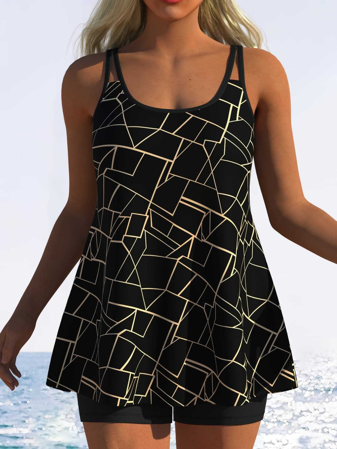 Damen Schwimmdress mit elegantem grafischen Mustermix und schickem Rocksaum R&B