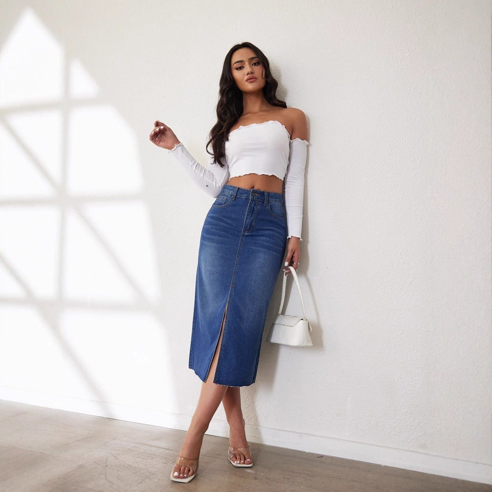 Damen Midi-Denimrock mit Schlitz und lässigem A-Linien-Schnitt R&B