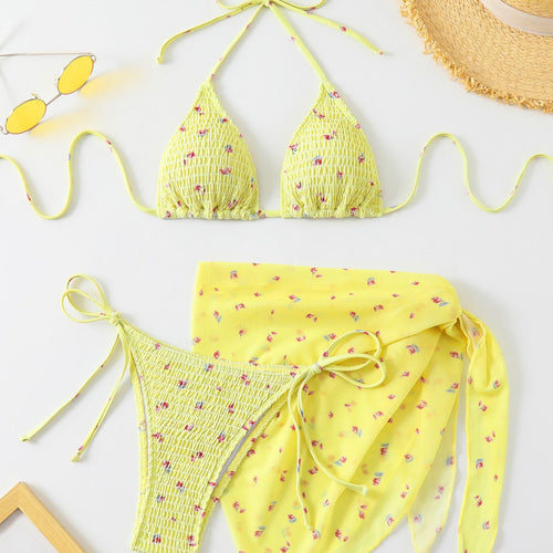Damen Triangel-Bikini-Set mit floralem Detail und verspieltem Wickelrock R&B